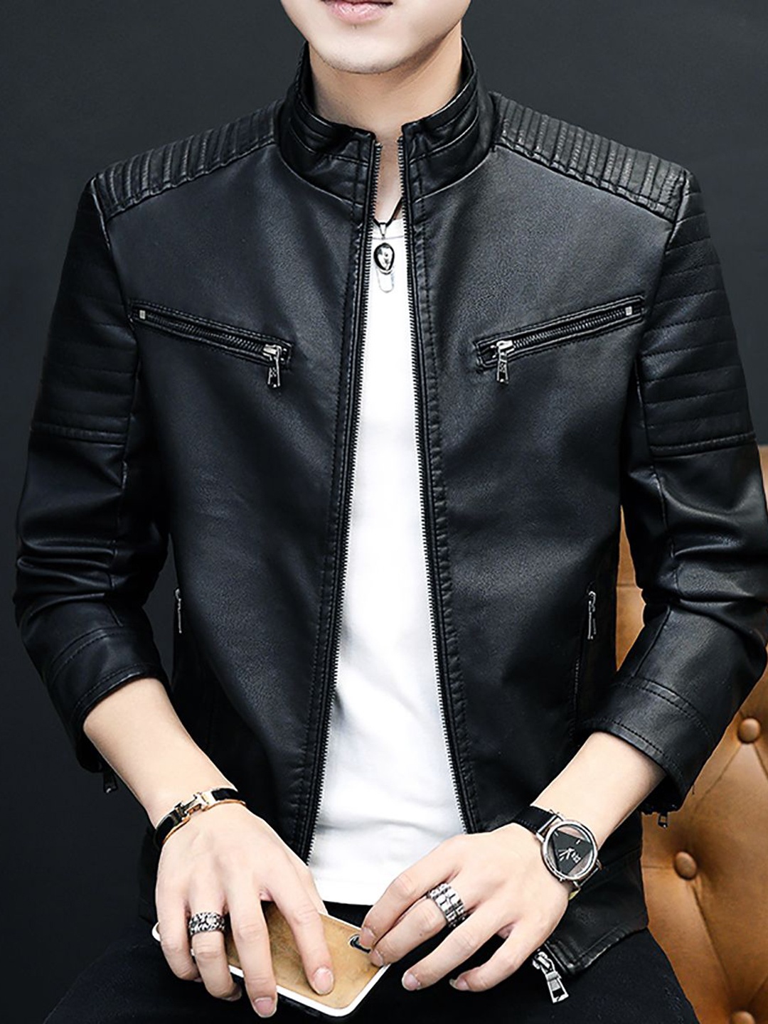 

StyleCast x Revolte Men Mock Collar Solid PU Casual Leather Jacket, Black