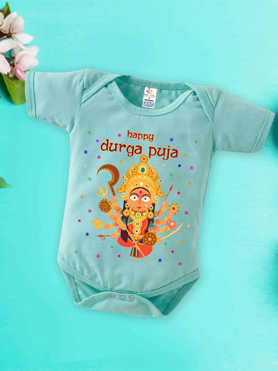 

Babywish Unisex Navaratri Special Printed Cotton Bodysuit, Sea green