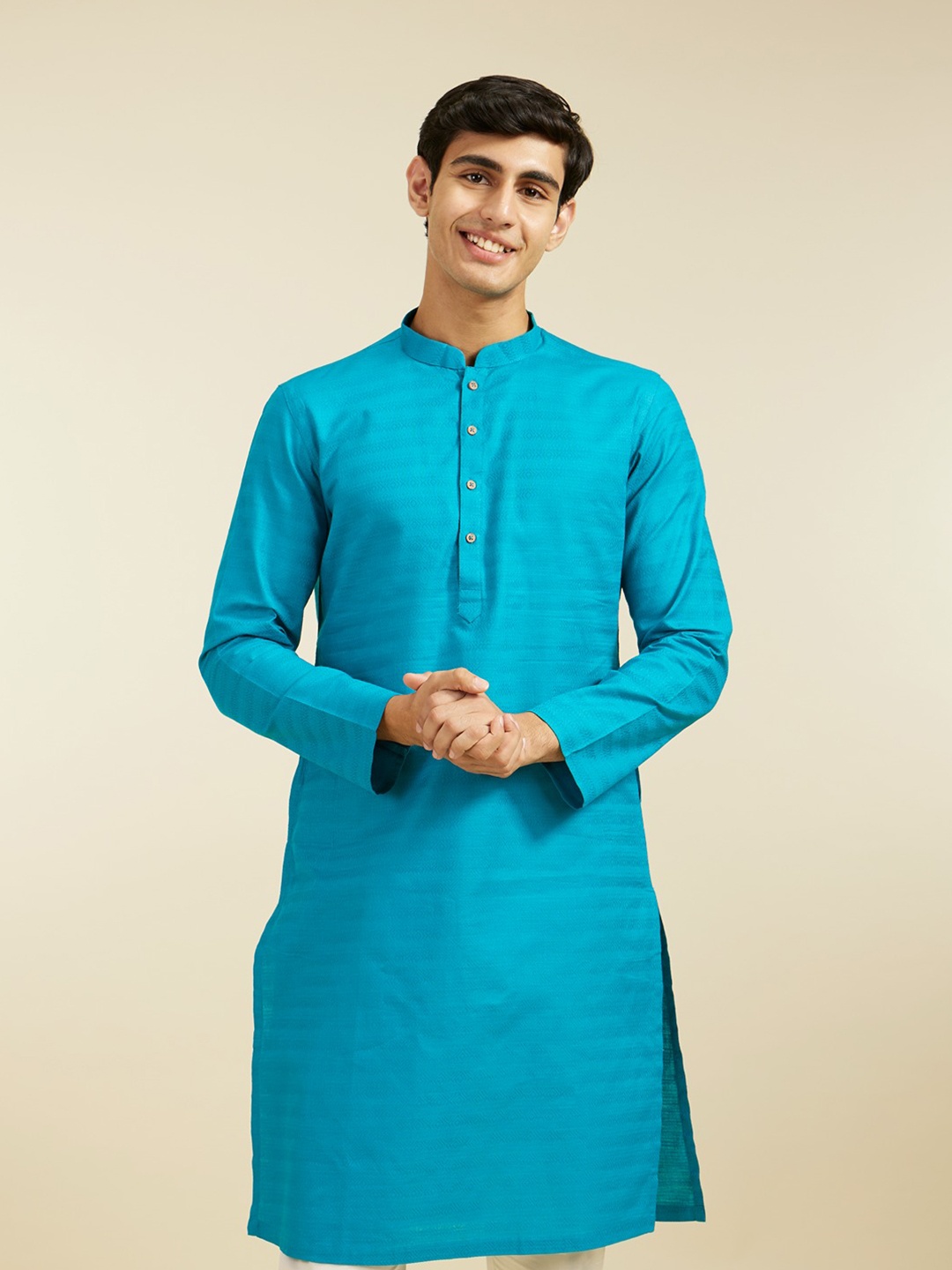 

Diwas by Manyavar Men Geometric Woven Design Mandarin Collar Cotton Straight Kurta, Blue