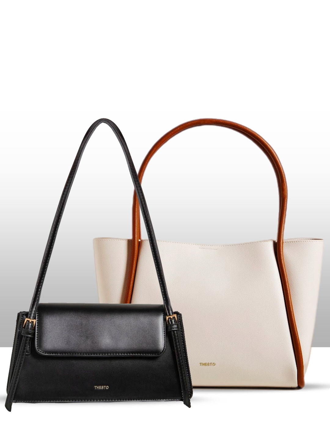 

THESTO Pack Of 2 Solid Structured Shoulder Bags, Black