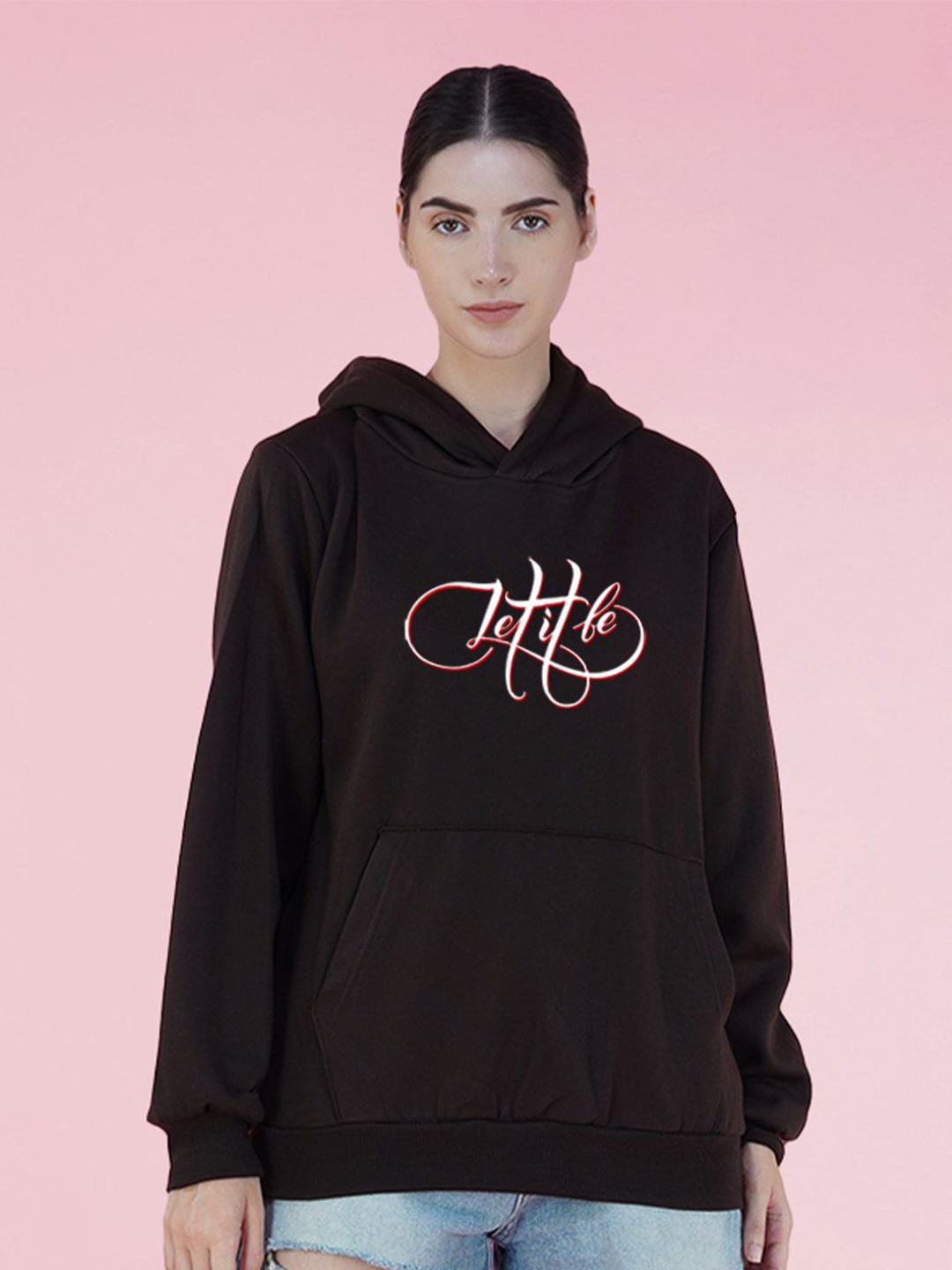 

NUSYL Typography Printed Hooded Oversized Sweatshirt, Brown