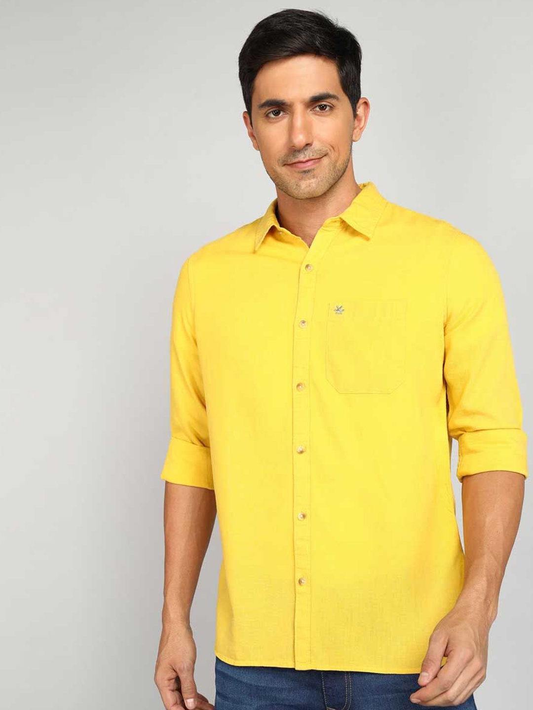 

WROGN Men Spread Collar Solid Cotton Casual Shirt, Yellow