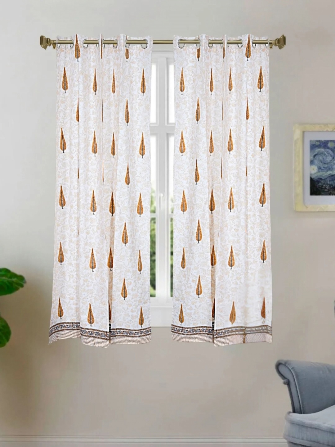 

LIVING ROOTS White 2 Pcs Ethnic Block Printed Elegant Cotton Daylight Window Curtains