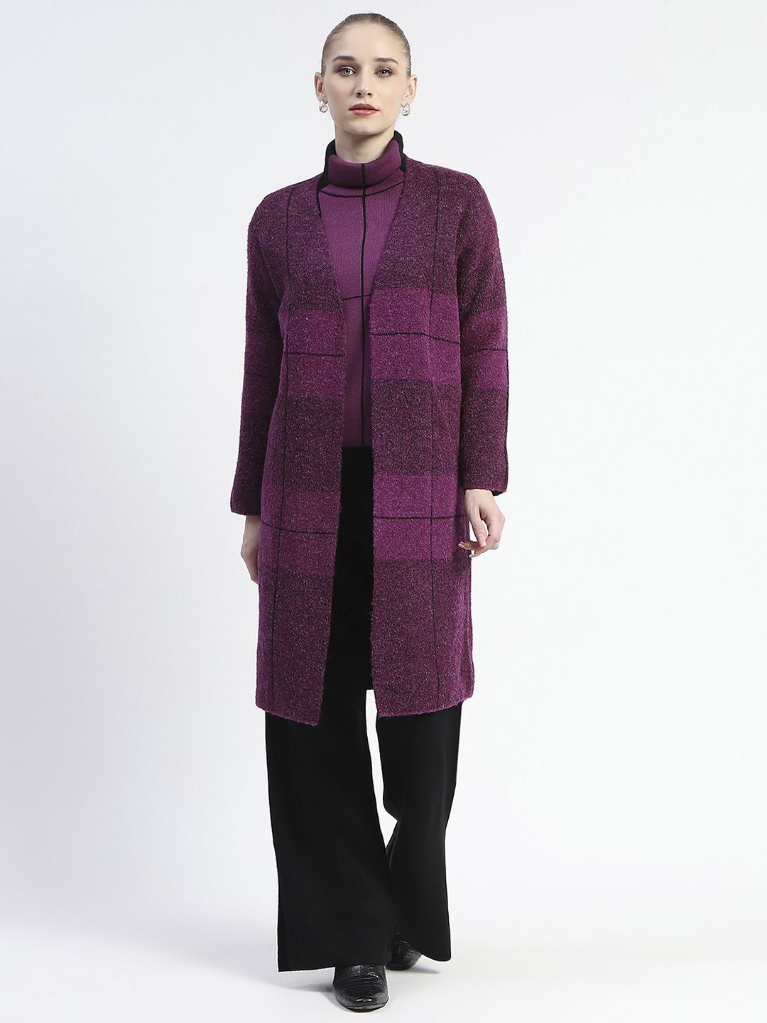 

Madame Woven Design High Neck Long Sleeves Sweatshirt & Trouser With Shrug, Purple