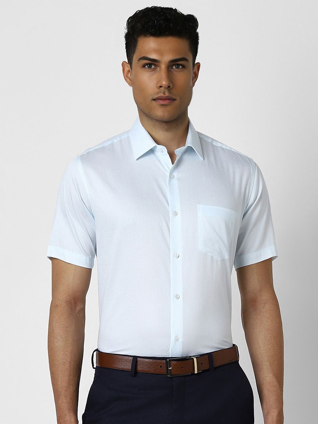 

Van Heusen Men Spread Collar Micro Checked Cotton Slim Fit Formal Shirt, Blue