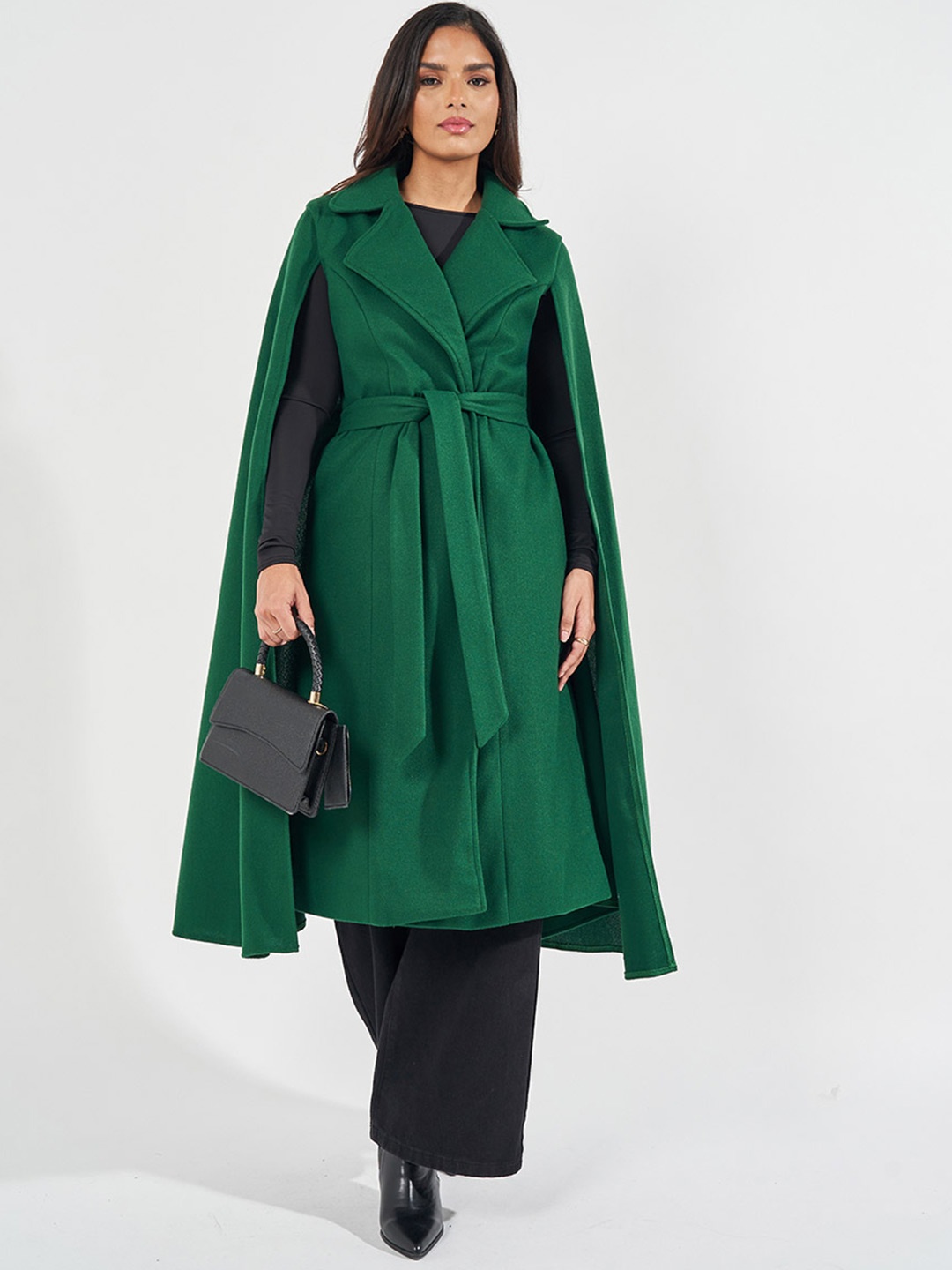 

Styli Women Regular Fit Midi Length Wool Look Coat with Cape Sleeves, Green