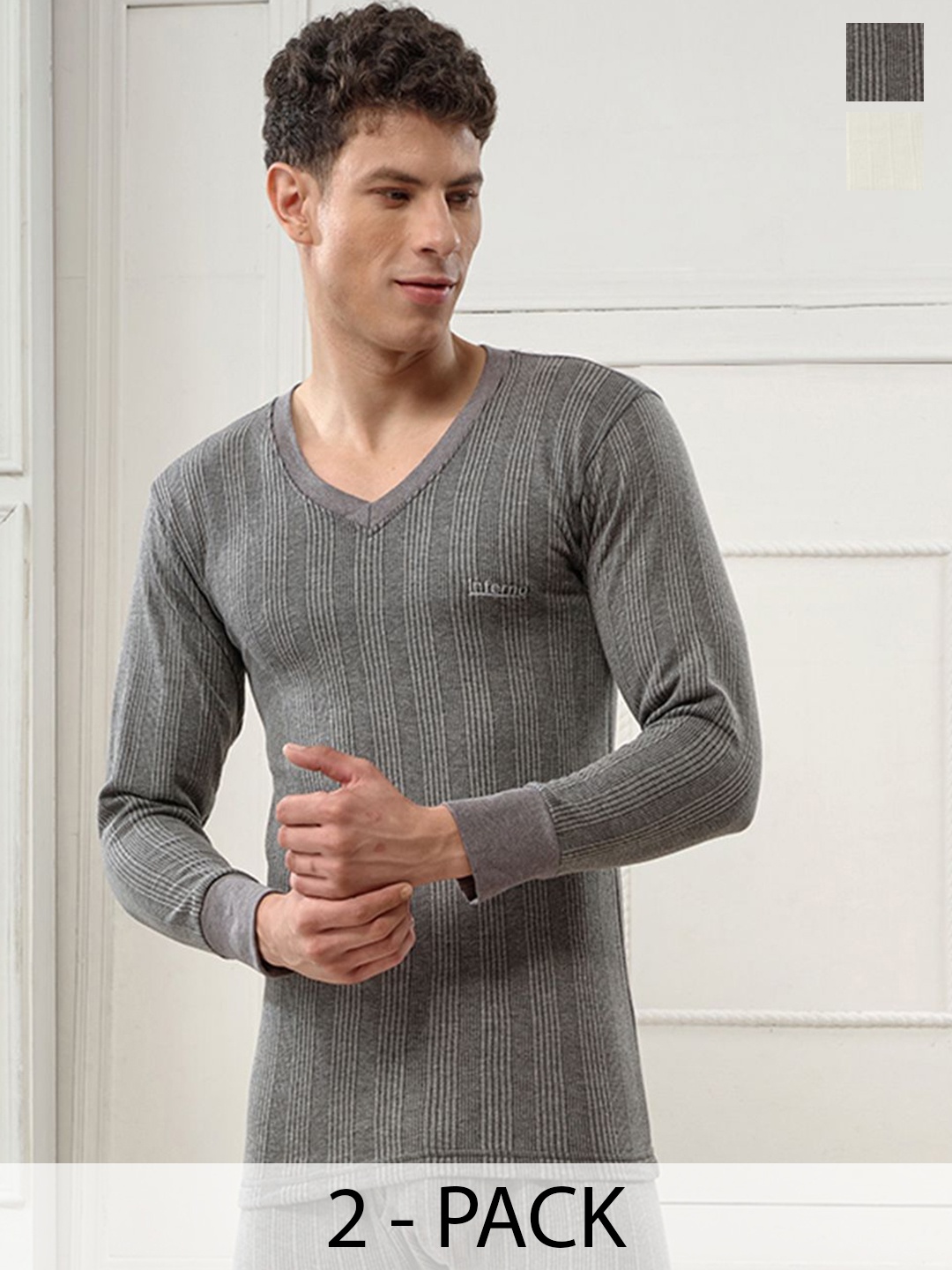 

INFERNO Pack of 2 Men V Neck Fullslevee Thermal Vest, White