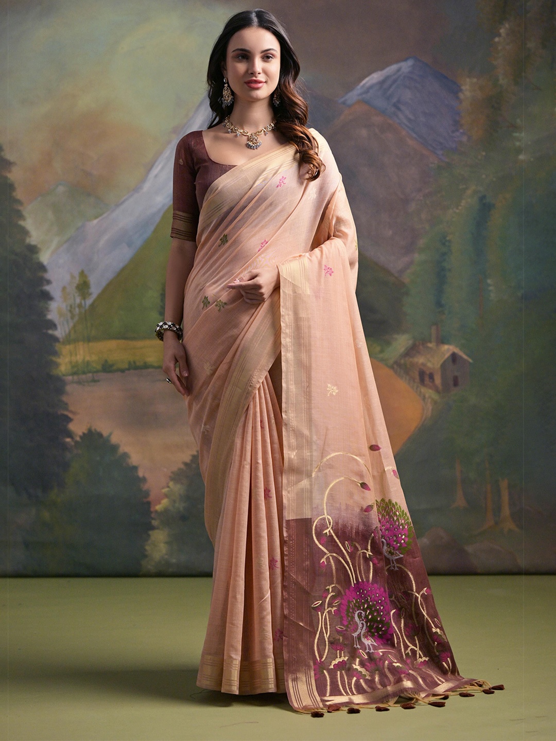 

AWRIYA Woven Design Zari Pure Cotton Saree, Peach
