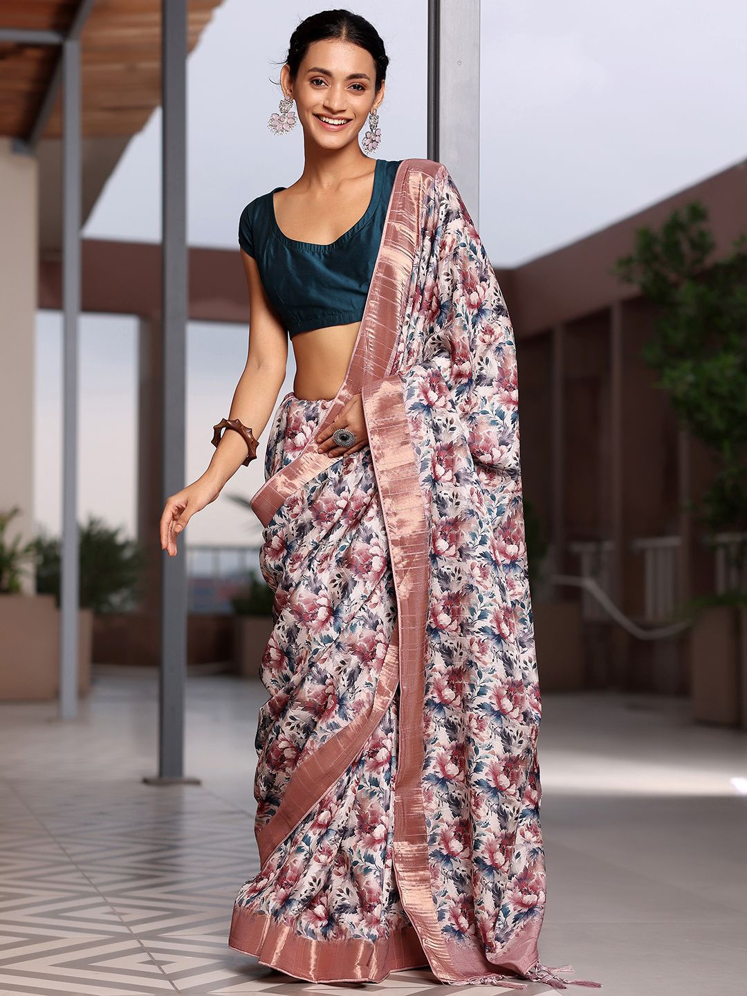 

Libas Floral Printed Zari Saree, Beige