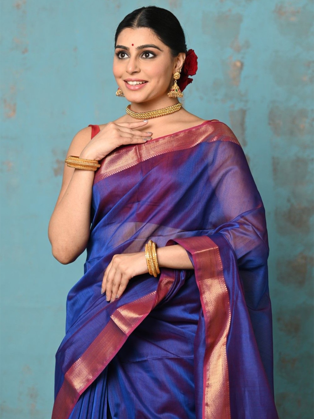 

Very Much Indian Zari Pure Linen Saree, Blue