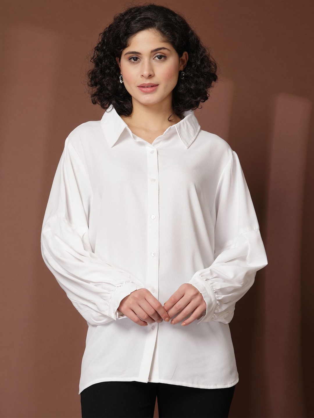 

plusS Women Standard Spread Collar Solid Casual Shirt, White