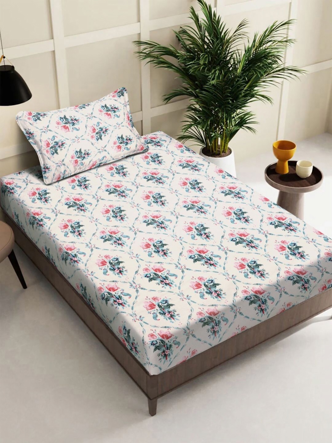 

FABINALIV White Floral 300 TC Single Bedsheet With 1 Pillow Cover 2.20 m X 1.50 m