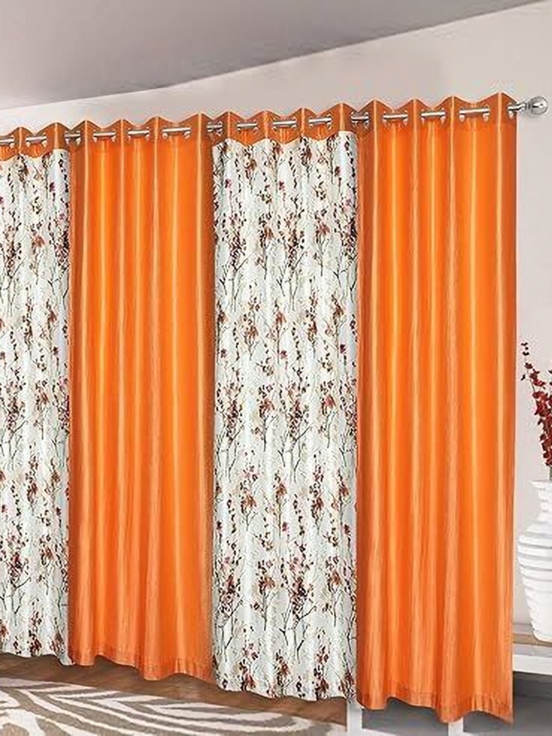

Banchmark Home Furnishings Orange & White Set of 4 Floral Long Door Curtain