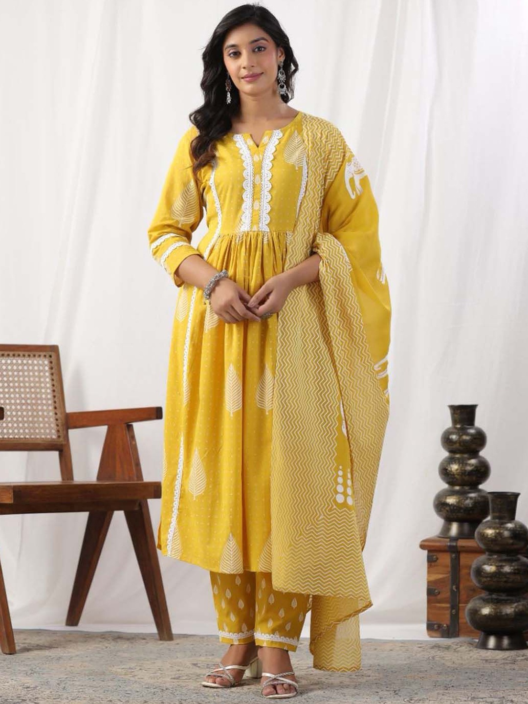 

Meena Bazaar Floral Printed Pleated Kurta with Trousers & Dupatta, Mustard