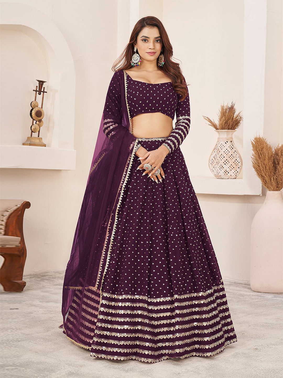 

ODETTE Embellished Sequinned Semi-Stitched Lehenga & Unstitched Blouse With Dupatta, Purple