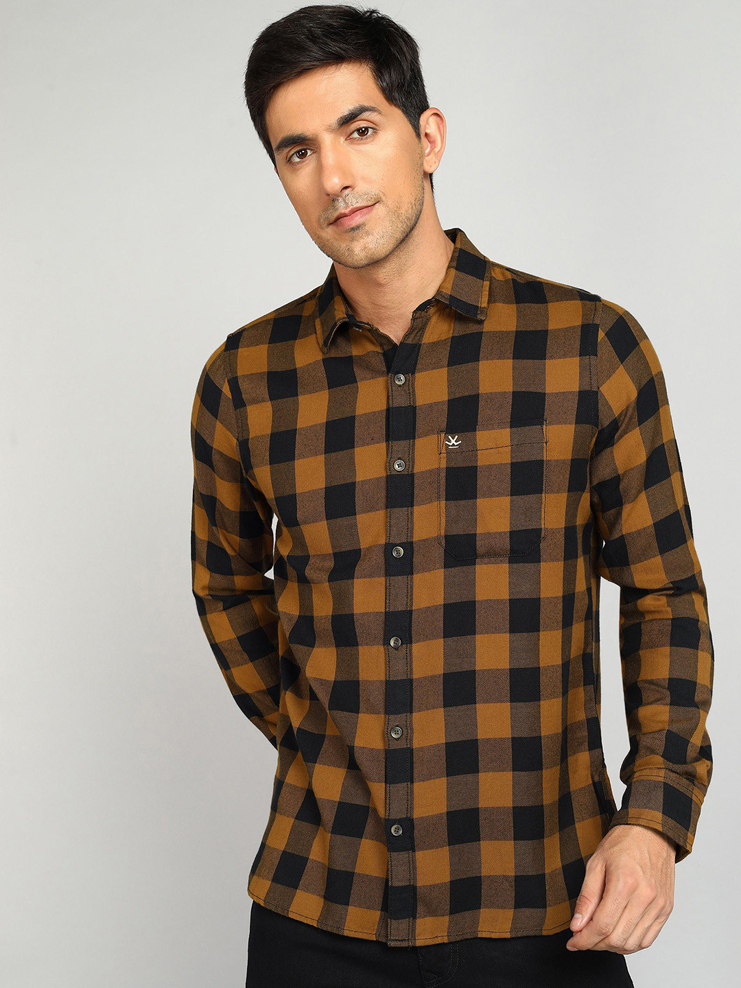 

WROGN Men Spread Collar Tartan Checked Cotton Casual Shirt, Brown