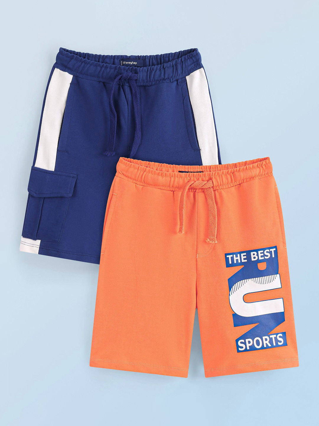 

Honeyhap Boys Pack Of 2 Pure cotton Mid-Rise Typography Printed Shorts, Navy blue