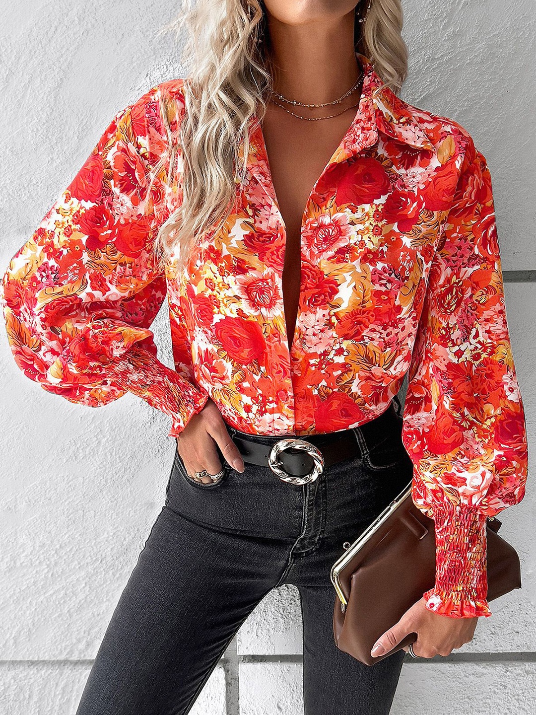 

StyleCast Women Spread Collar Floral Printed Casual Shirt, Red
