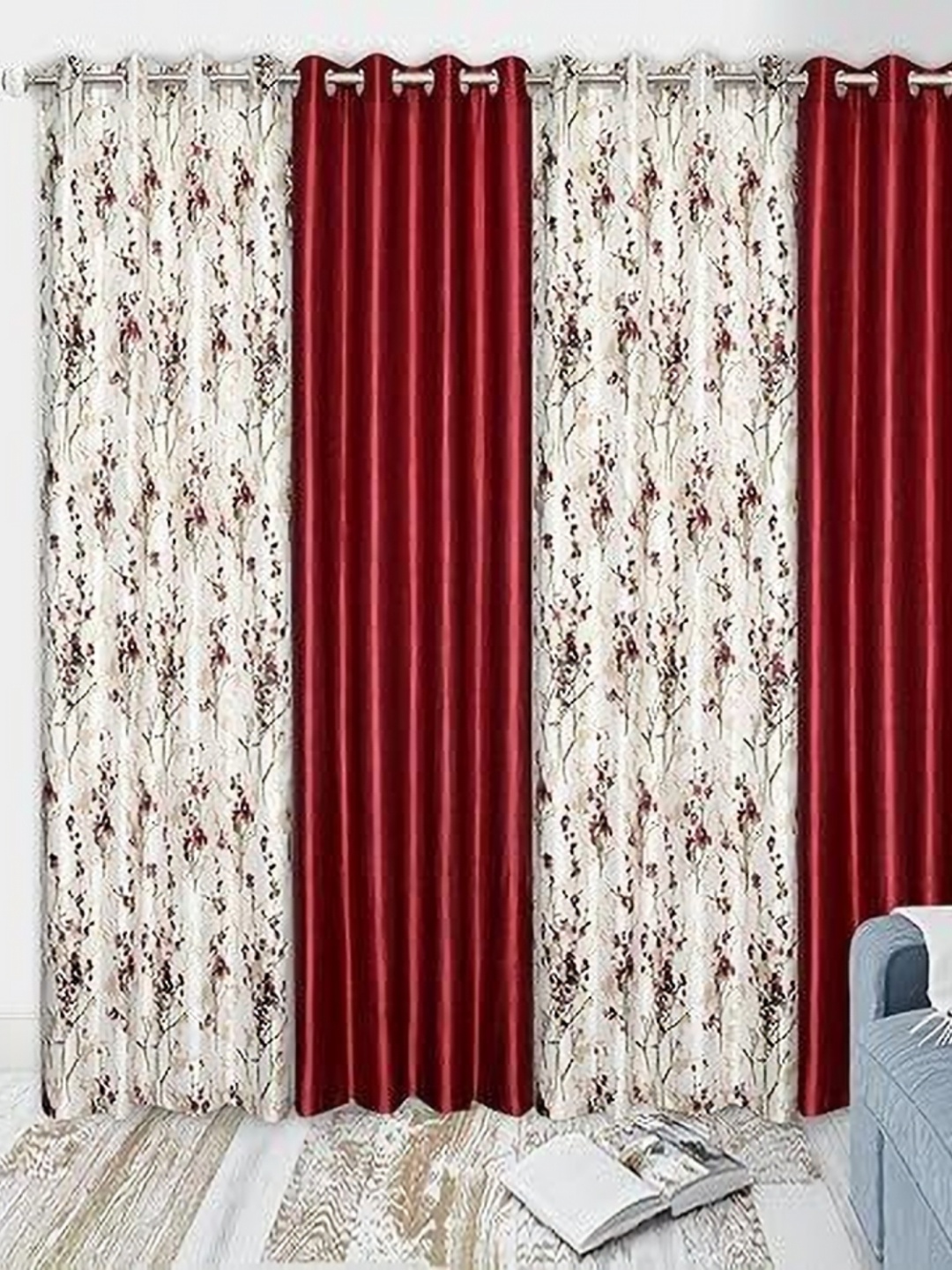 

Banchmark Home Furnishings Maroon & White Set of 4 Floral Long Door Curtain