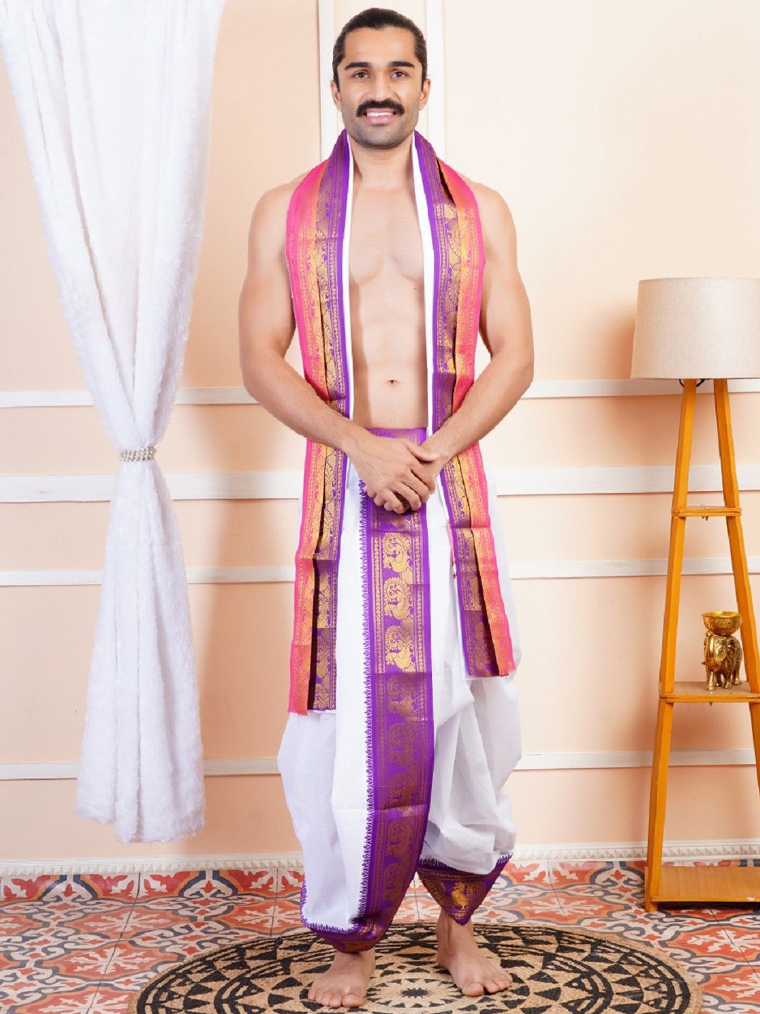 

RAMRAJ Men Embroidered Cotton Panchakacham Dhoti Pants With Angavastram, White