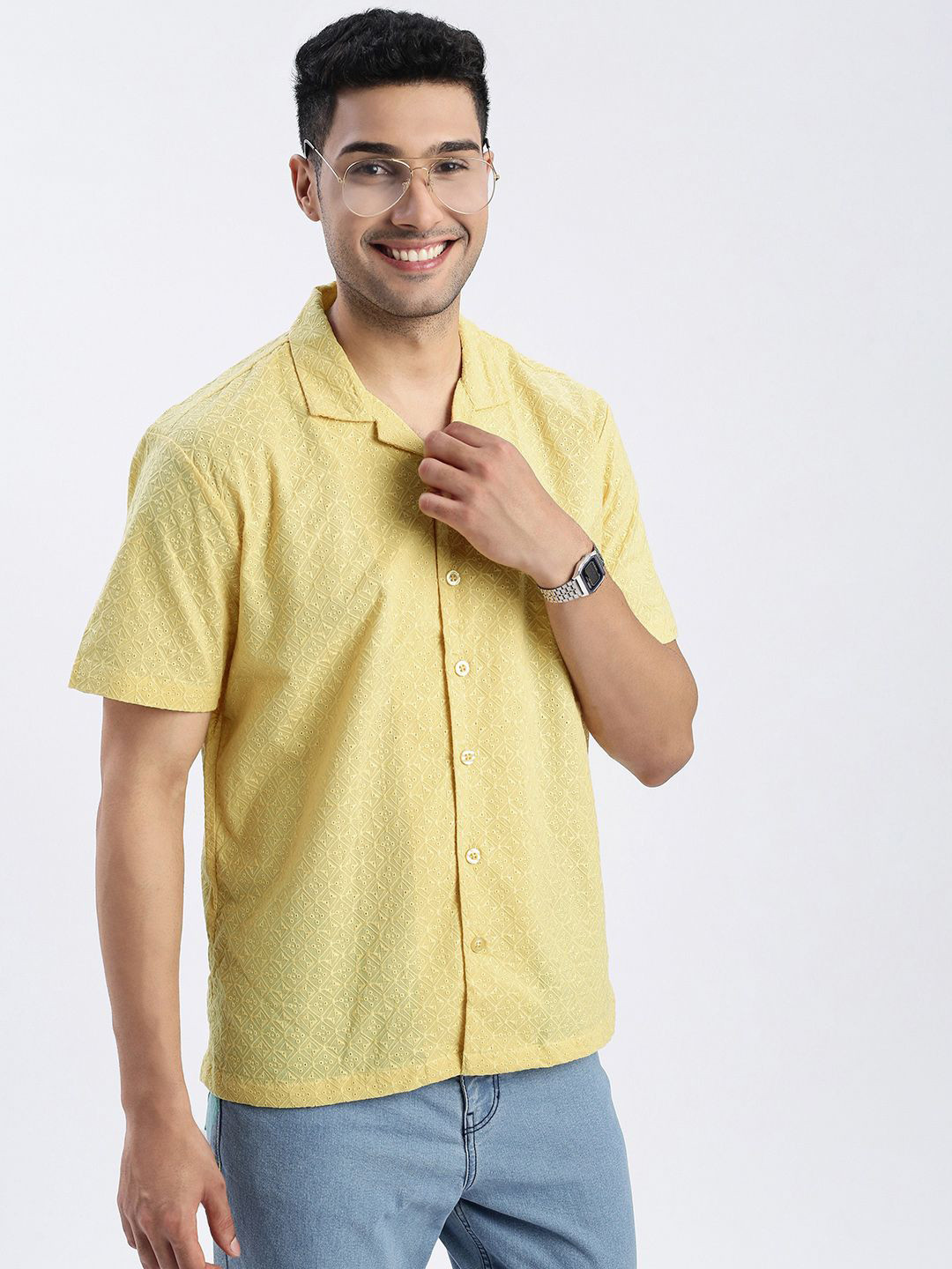 

SHOWOFF Men Premium Cuban Collar Textured Cotton Slim Fit Casual Shirt, Yellow