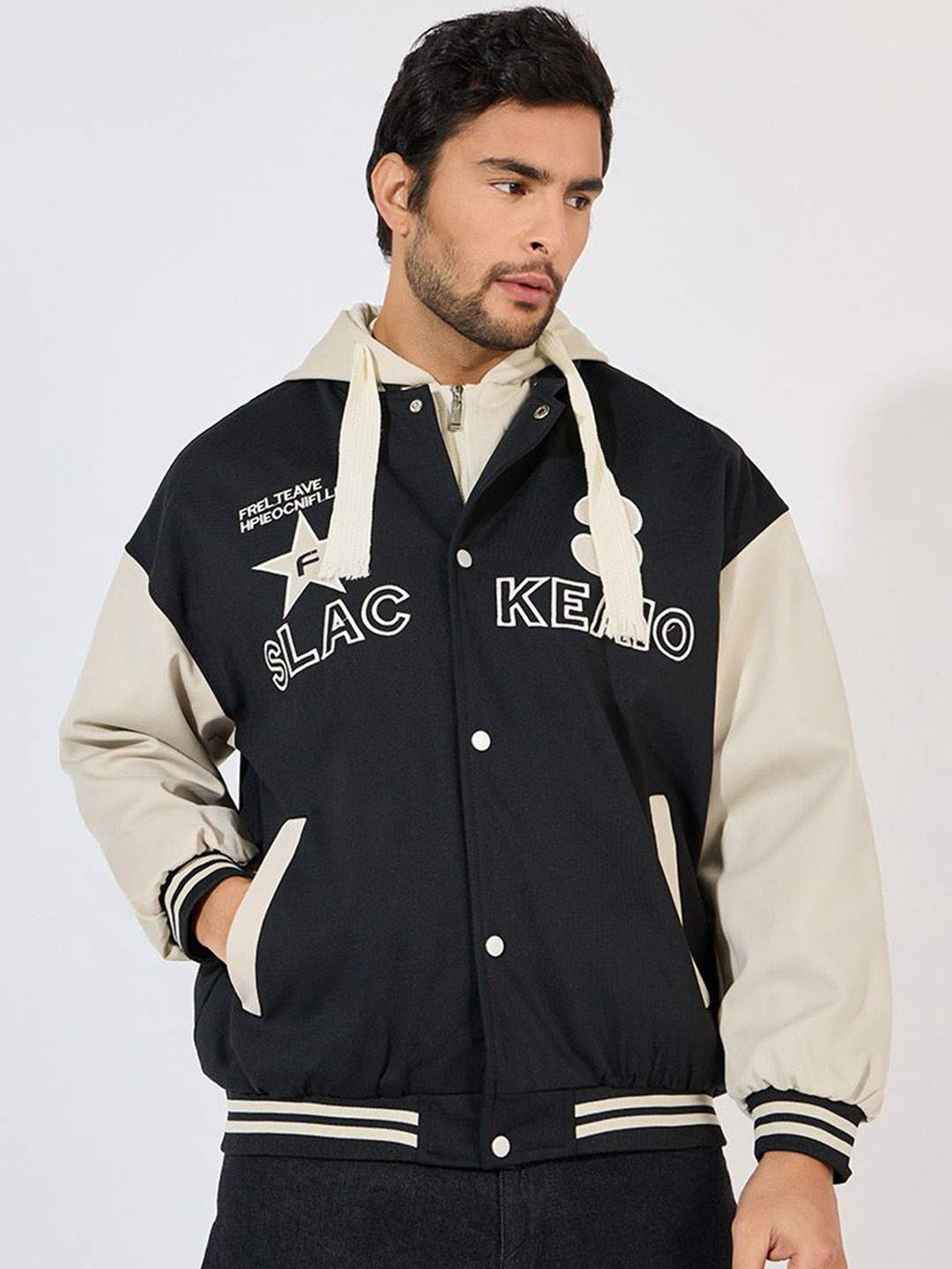 

Styli Men Hooded Typography Printed Casual Bomber Jacket, Black