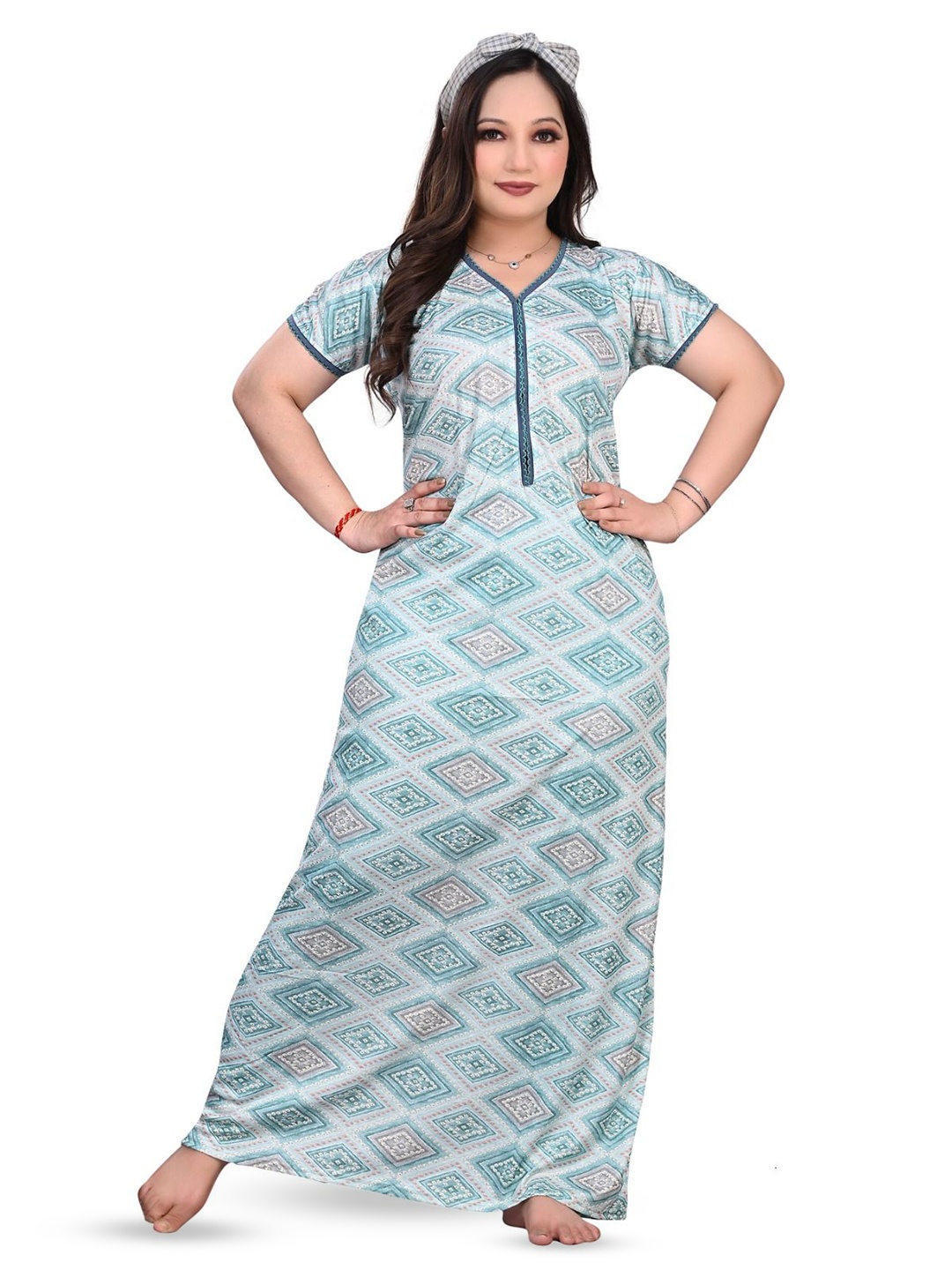 

G4Girl Women Printed Geometric Maxi Nightdress, Sea green