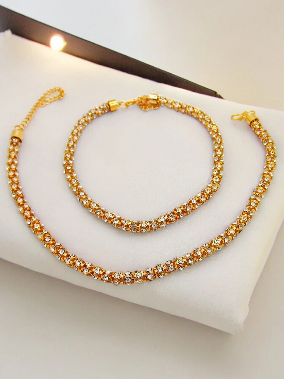 

9blings Set Of 2 Gold-Plated Cubic Zirconia Studded Anklets