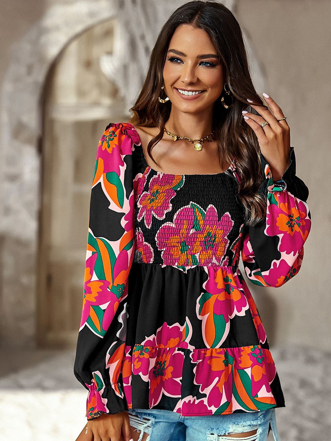

StyleCast Women Floral Printed Square Neck Top, Black