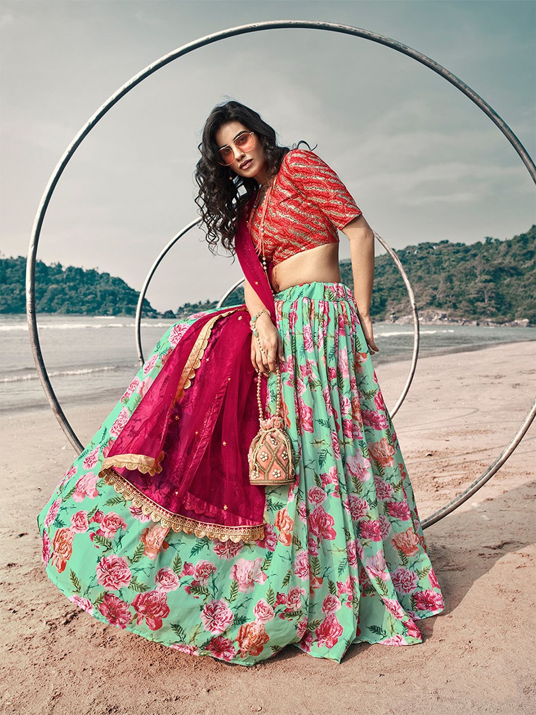 

ODETTE Floral Printed Organza Semi-Stitched Lehenga & Blouse With Dupatta, Sea green