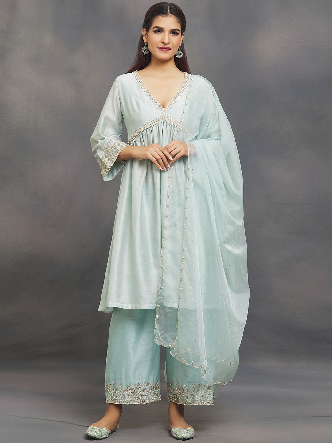

Samyukta Singhani Embroidered Anarkali Kurta with Palazzos & Dupatta, Blue