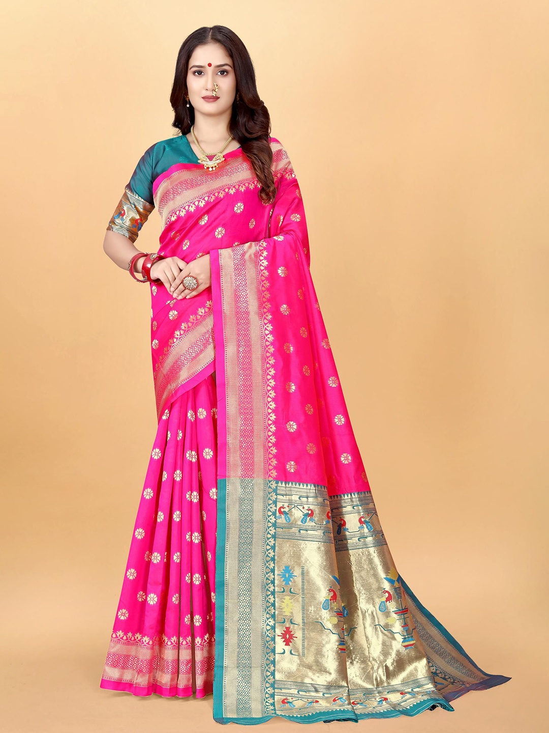 

VenderVilla Woven Design Zari Paithani Saree, Pink