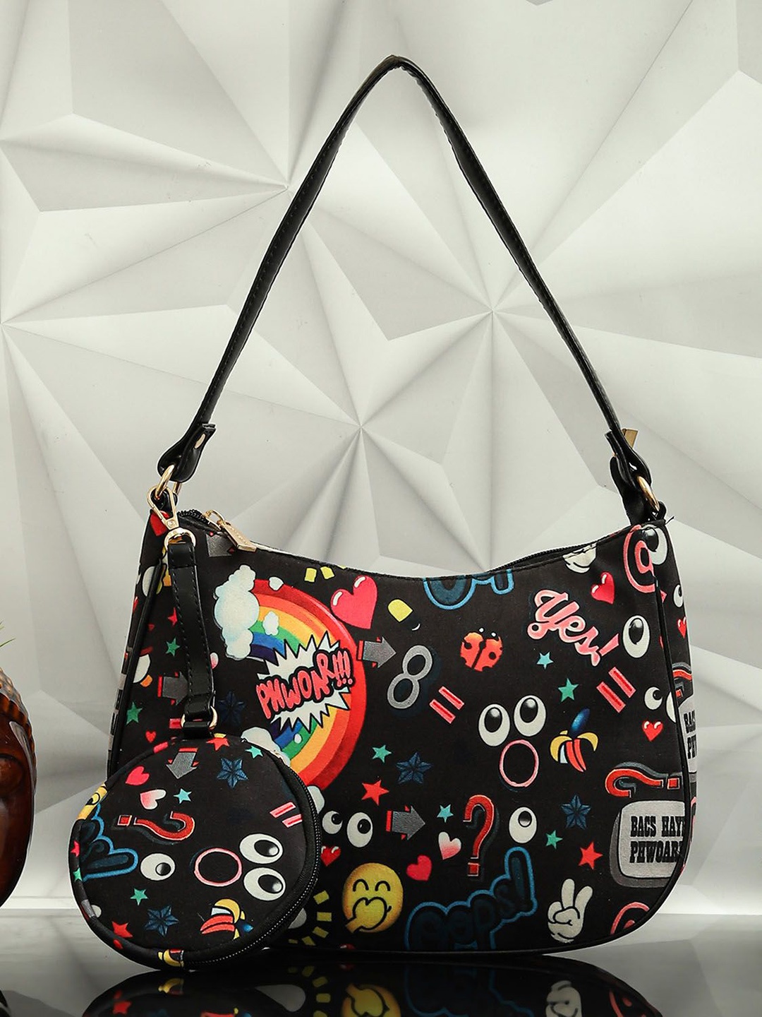 

Bagsy Malone Women Graphic Printed Shoulder Bag Comes With Pouch, Black