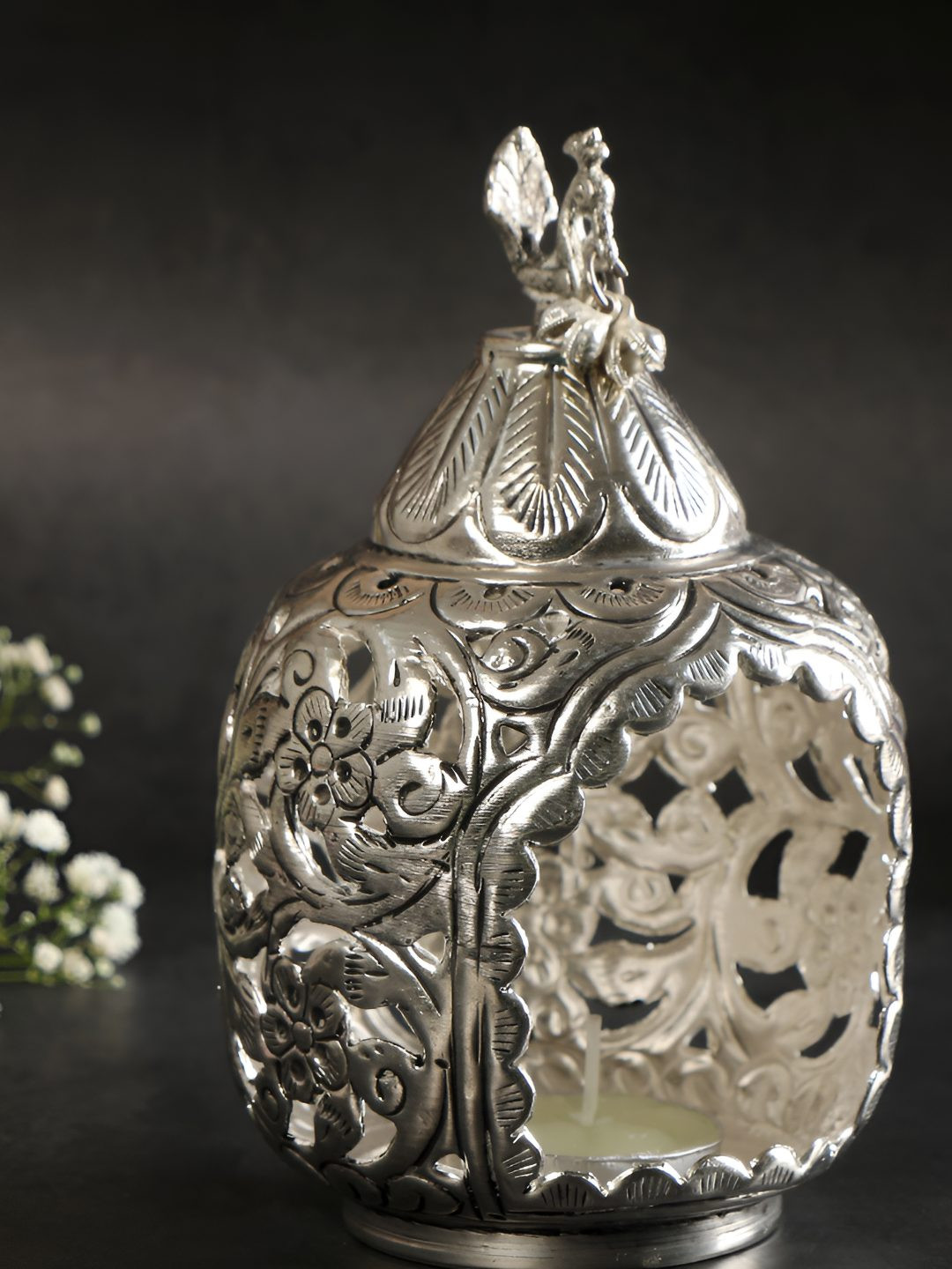 

THE HOME CO. Silver-Toned Peacock jali cut Metal Candle Holder