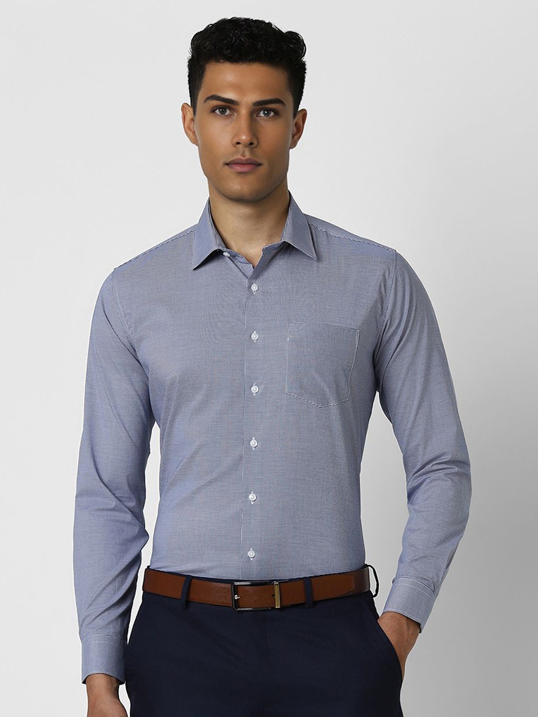 

Van Heusen Men Spread Collar Micro Checked Cotton Slim Fit Formal Shirt, Navy blue