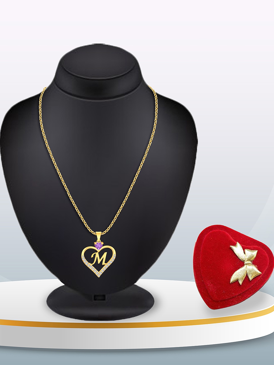 

Heer Collection Gold-Plated CZ Studded Alphabet 'M' Heart Shaped Pendant & Chain