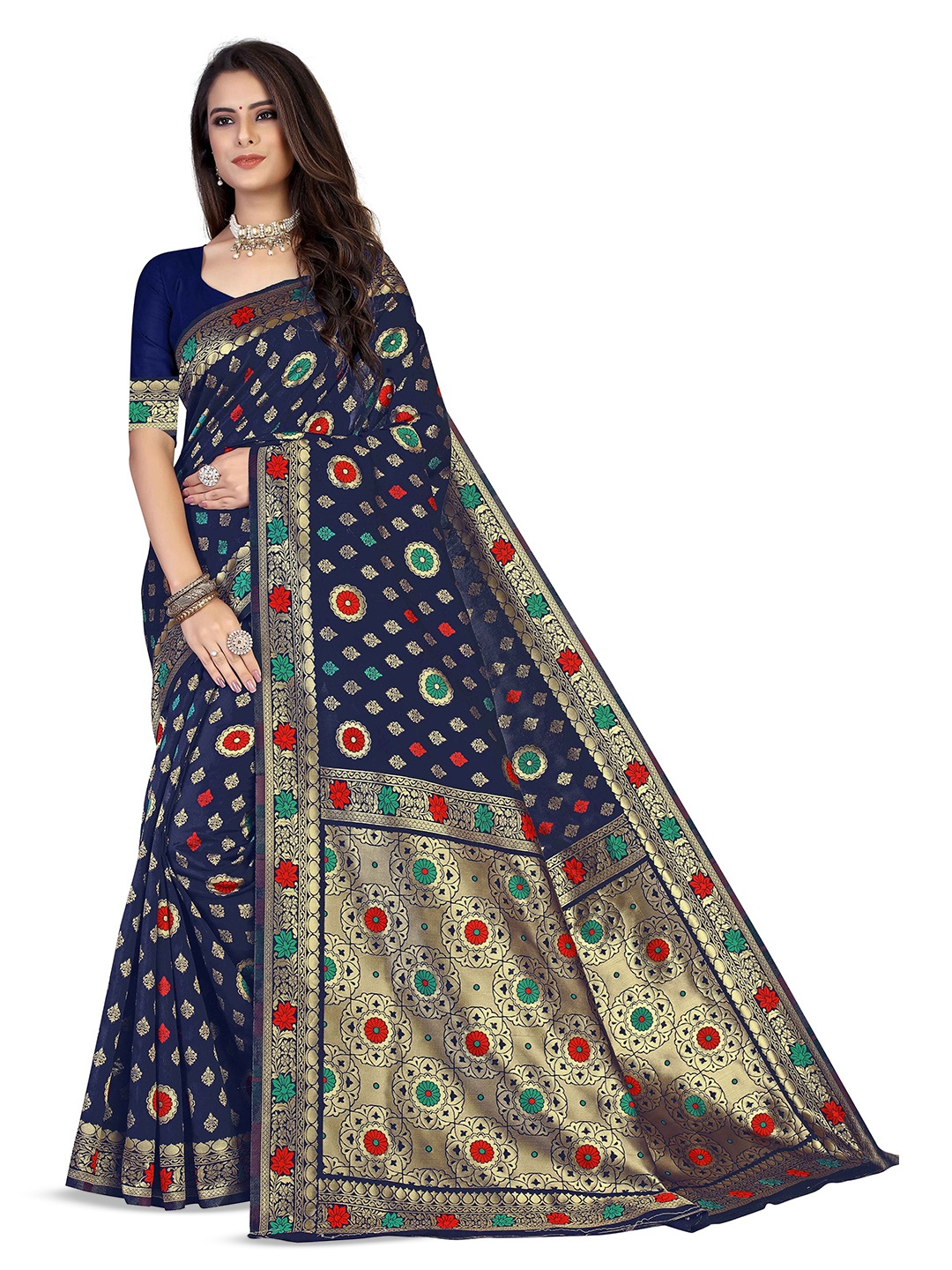 

Maroosh Floral Zari Silk Blend Banarasi Saree and blouse piece, Blue