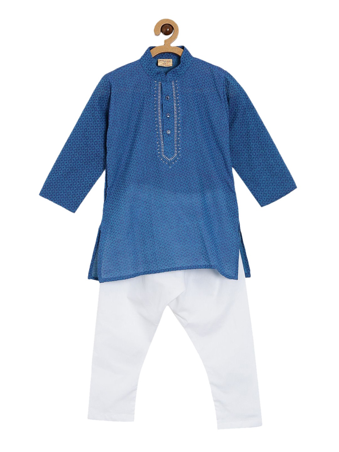 

NIRVAAN Boys Printed Thread Work Mandarin Collar Pure Cotton Kurta with Pyjamas, Blue