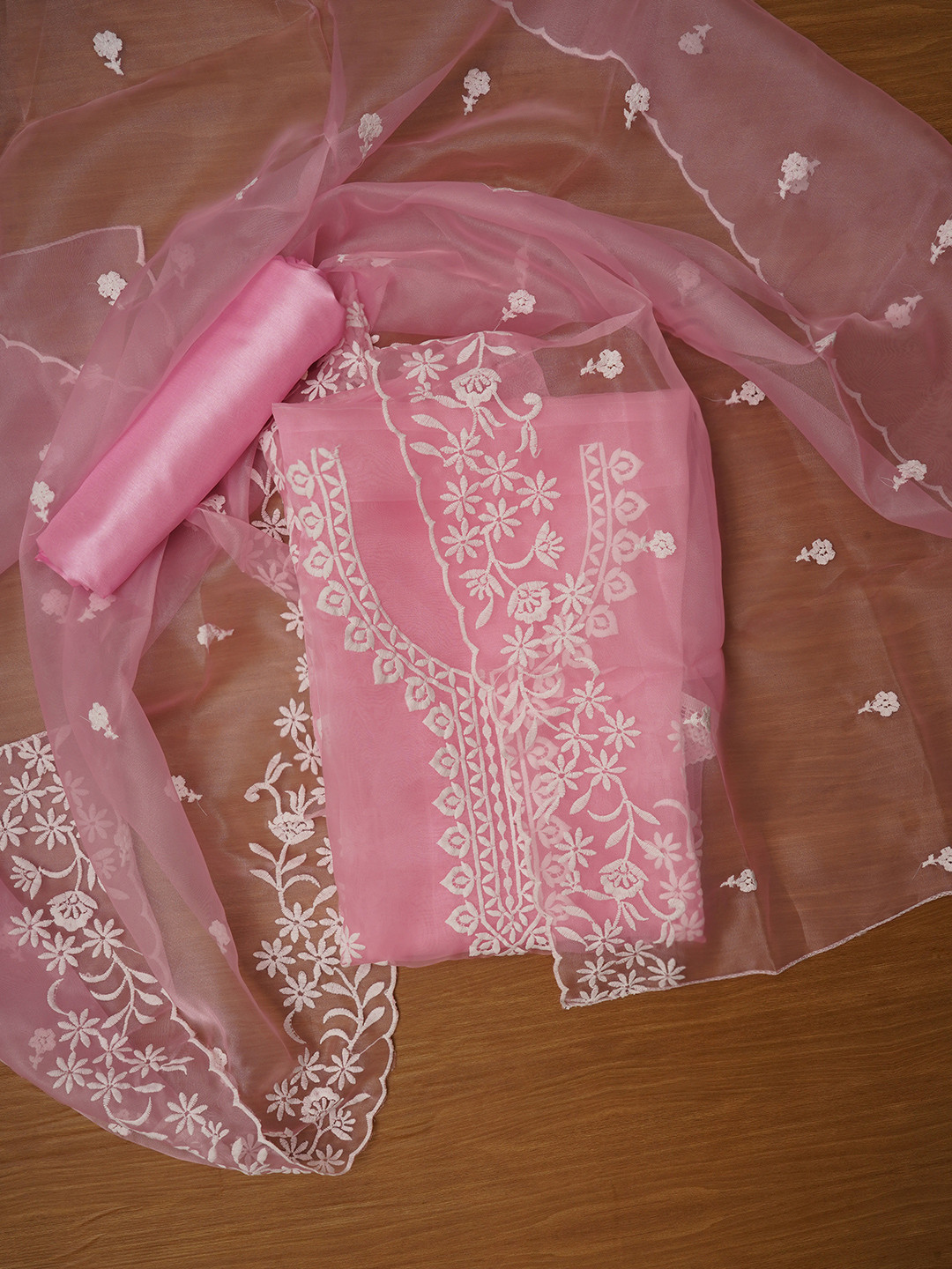 

Jaipur Kurti Embroidered Organza Dress Material with Dupatta, Pink
