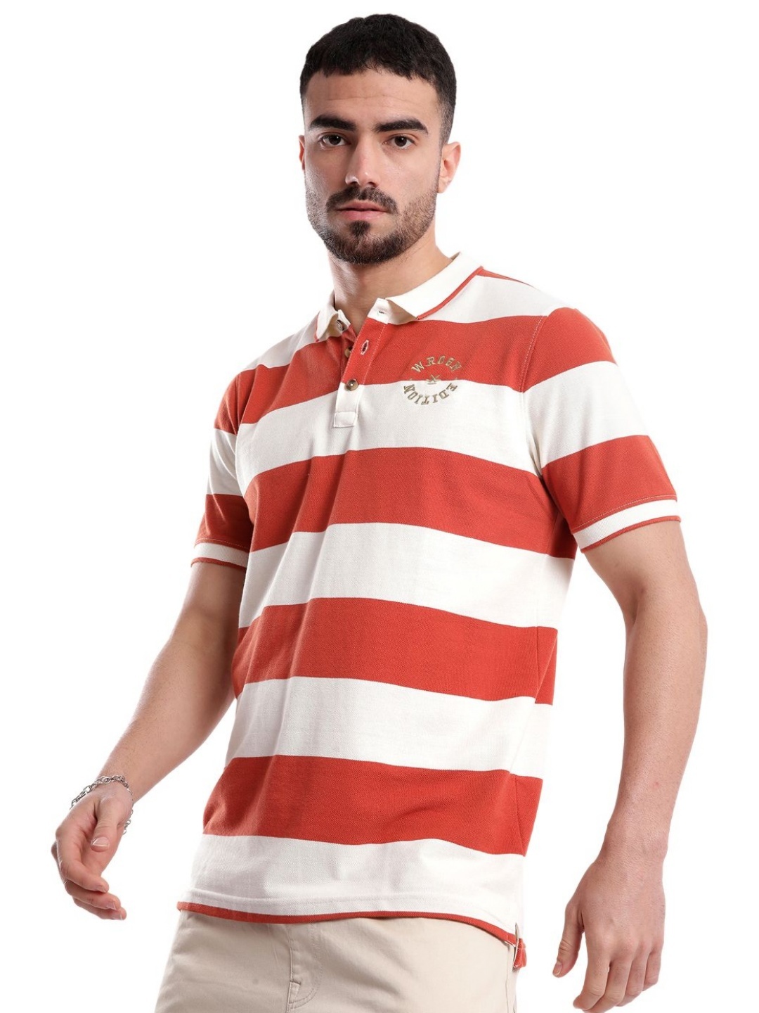 

WROGN Men Striped Polo Collar Pure Cotton T-shirt, Orange