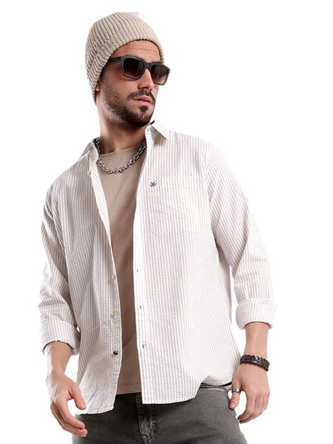 

WROGN Men Spread Collar Vertical Striped Cotton Casual Shirt, Cream