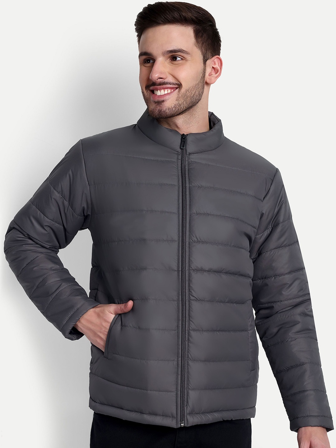 

ZEFFIT Men Mock Collar Solid Casual Puffer Jacket, Grey