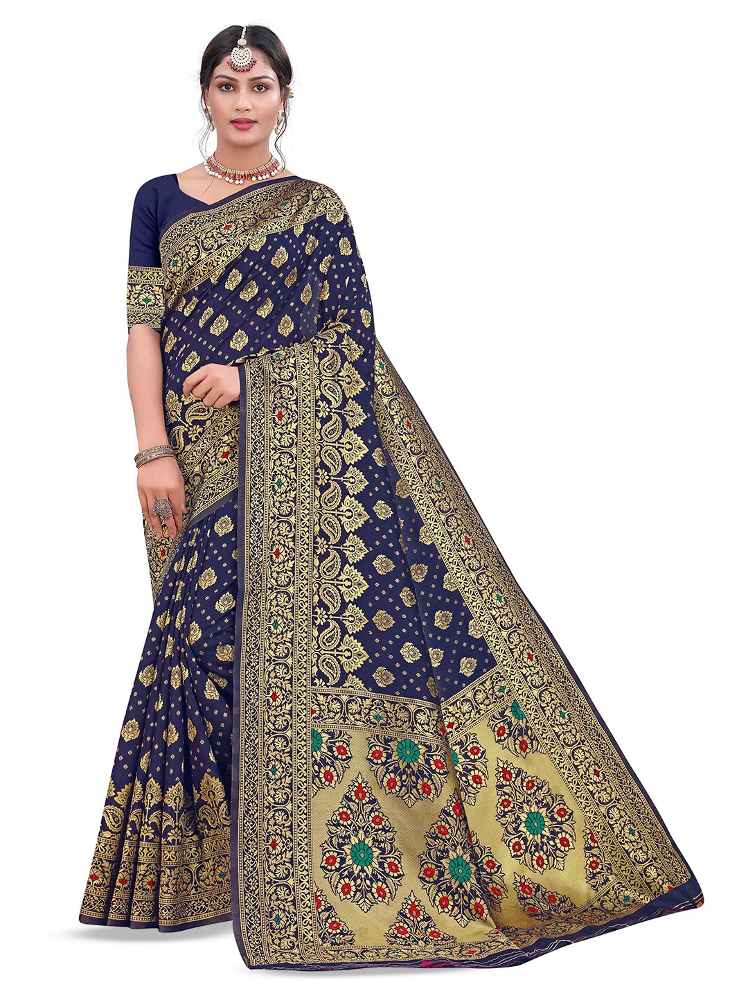 

Maroosh Ethnic Motifs Woven Design Zari Banarasi Saree, Blue