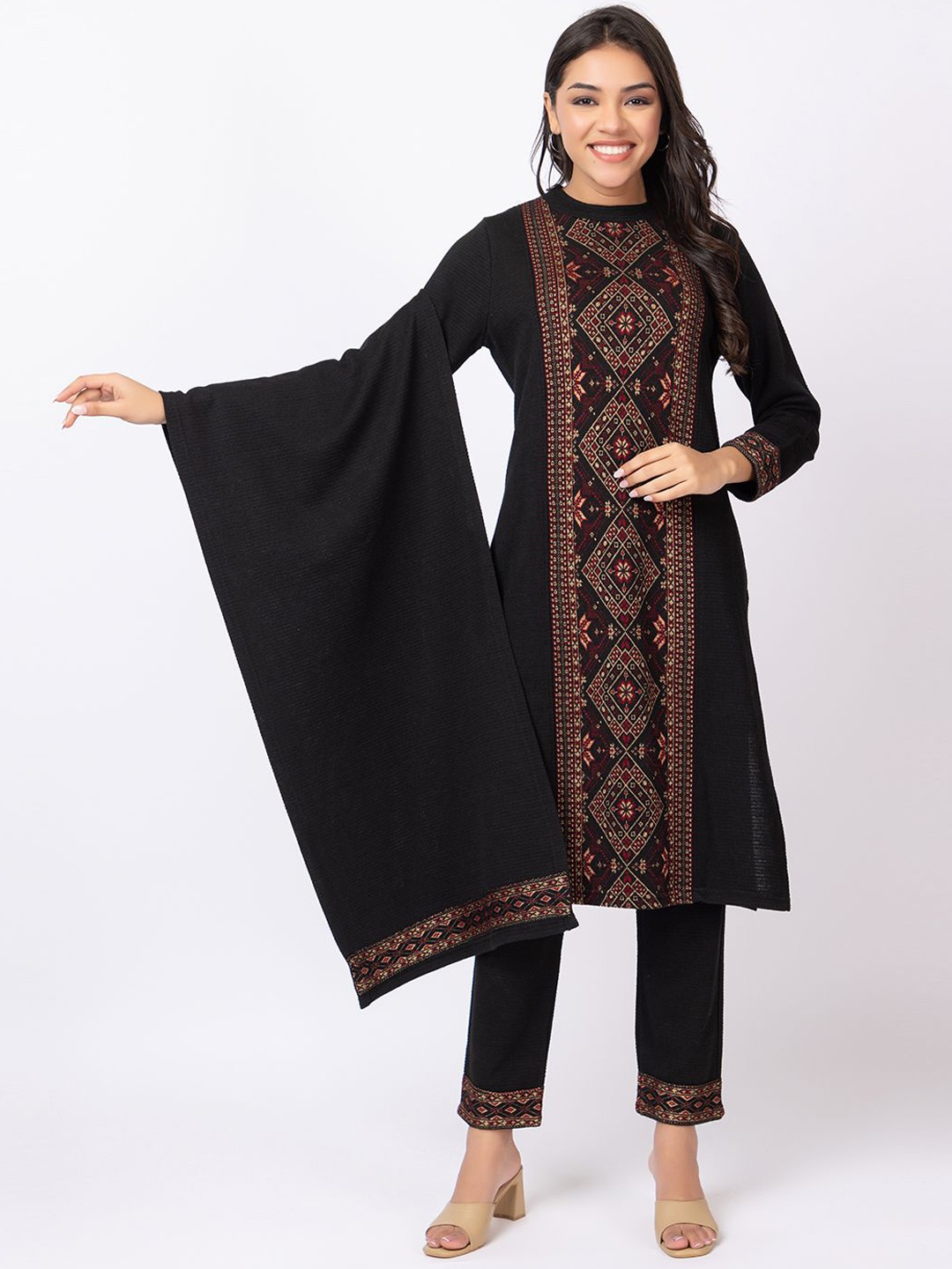 

KEIKO Ethnic Motifs Woven Design Round Neck Acrylic Straight Kurta with Trousers & Dupatta, Black