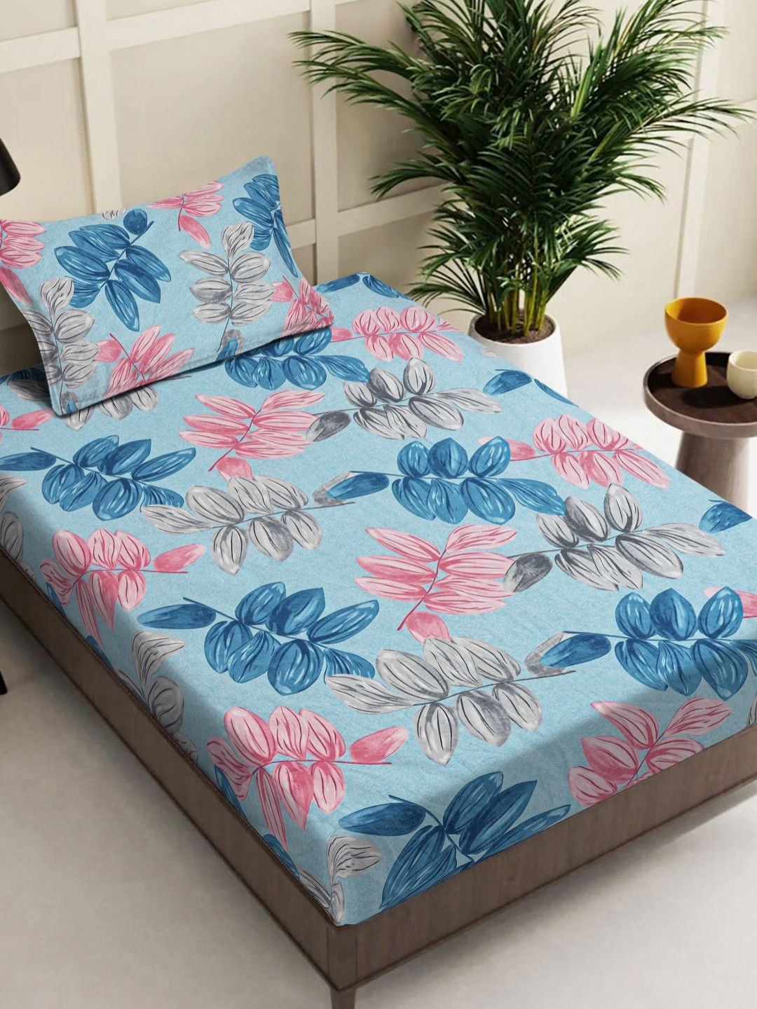 

FABINALIV Blue Floral 300 TC Single Bedsheet With 1 Pillow Cover 2.20 m X 1.50 m