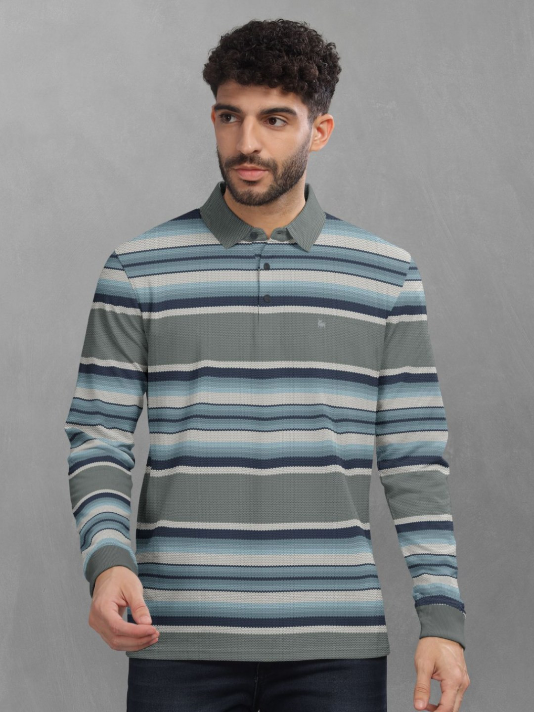 

BULLMER Men Striped Polo Collar Cotton T-shirt, Turquoise blue