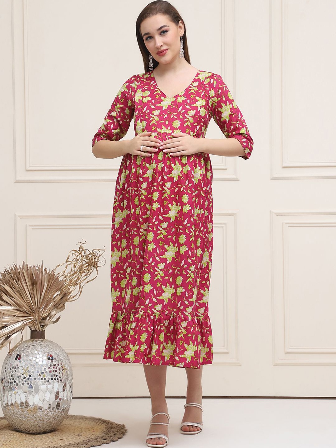 

Frempy Women Floral Print Maternity A-Line Midi Dress, Pink