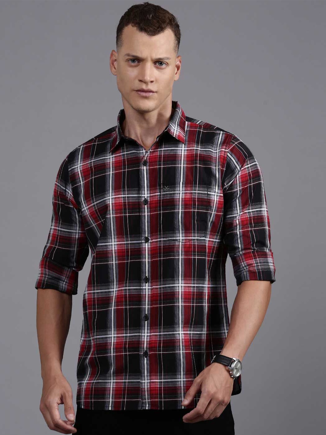 

WROGN Men Spread Collar Tartan Checked Cotton Casual Shirt, Red