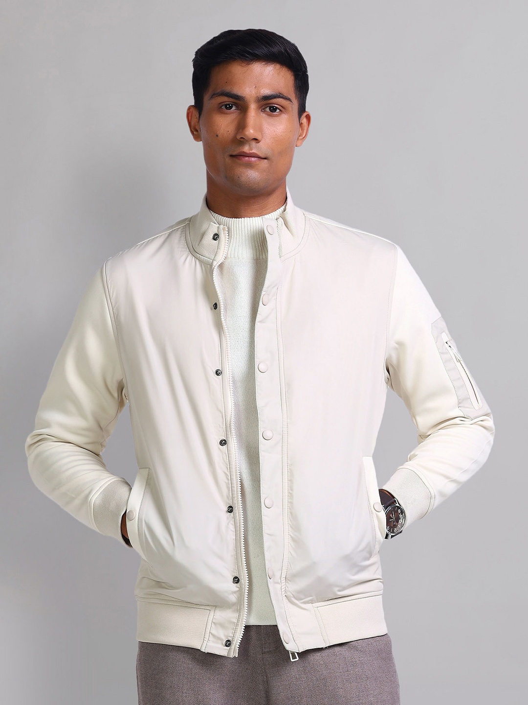 

AD By Arvind Men Stand Collar Solid Casual Bomber Jacket, White