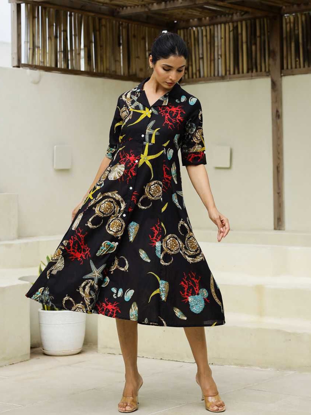 

FLAVIA CREATION Women Floral Print Layered A-Line Dress, Black